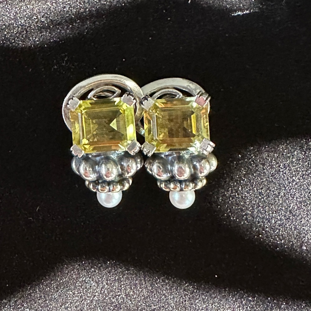 Lagos 18k Yellow Gold Sterling Silver Citrine 5mm Pearl Caviar Stud Earrings